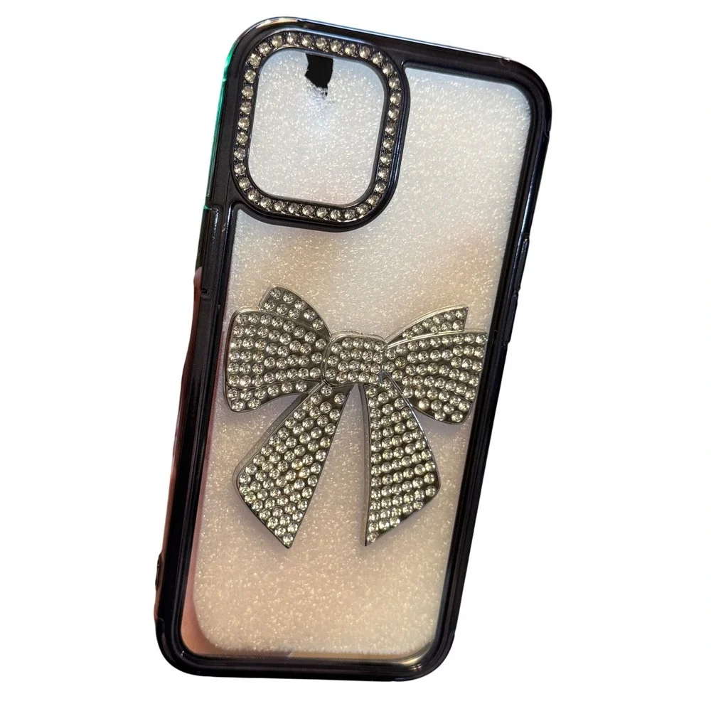UMICASE iPhone 12 Pro Max Case Clear Rhinestone Bow Jeweled Camera Cover Silver